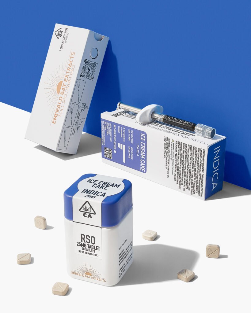 Emerald-Bay-Extracts-Syringe-and-Ice-Cream-Cake-25mg-tablets-group-shot-color-background-white-surface_
